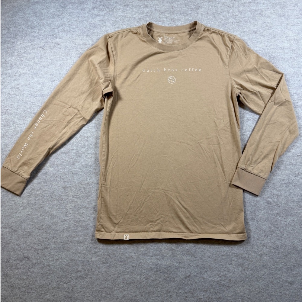 Dutch Bros Coffee Long Sleeve 100% Cotton Graphic Tee Tan Mens M Earth Tone